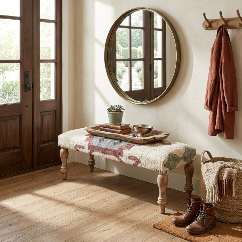 Classic Southwestern Handmade Natural Jute Upholstered Entryway Bench