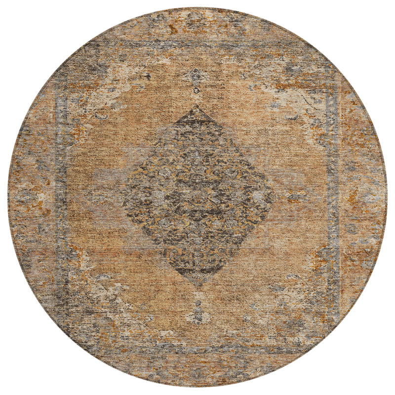 Machine Washable Indoor/Outdoor Xhevrie Copper Rug, Round 8'