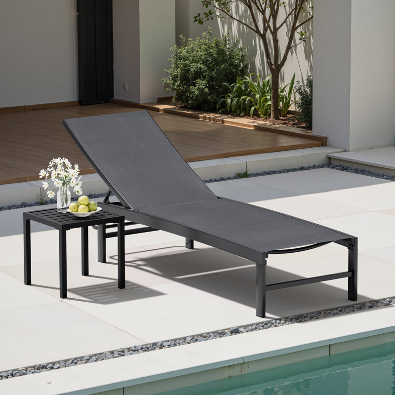 Patio Metal Stackable Reclining Chaise Lounge With Square Table, Dark Gray