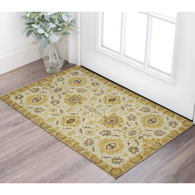 Tapis crocheté à la main à médaillon floral en laine beige et brun 8 pi x 10 pi