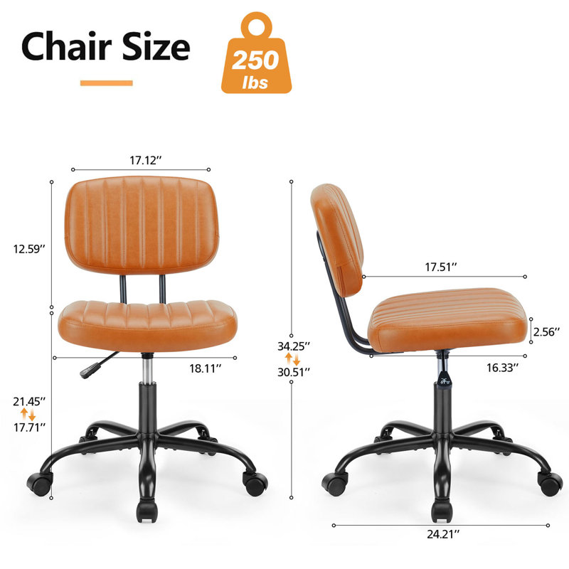 Chaise de bureau en cuir synthétique à dossier bas avec roulettes, Brwon, Brun