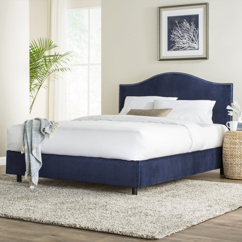 Lit tapissier standard à profil bas Brighton, Simple, Velours bleu marine regal