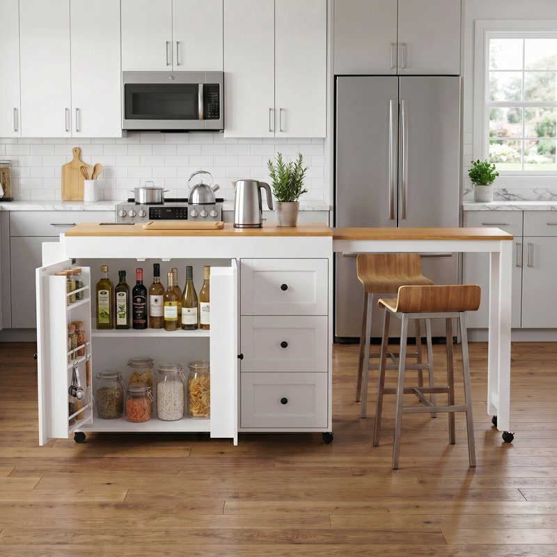 Kitchen Island Fits for Home with Extendable Dining Table, Built-in Charging Station, Adjustable Shelves & Spice Rack, White