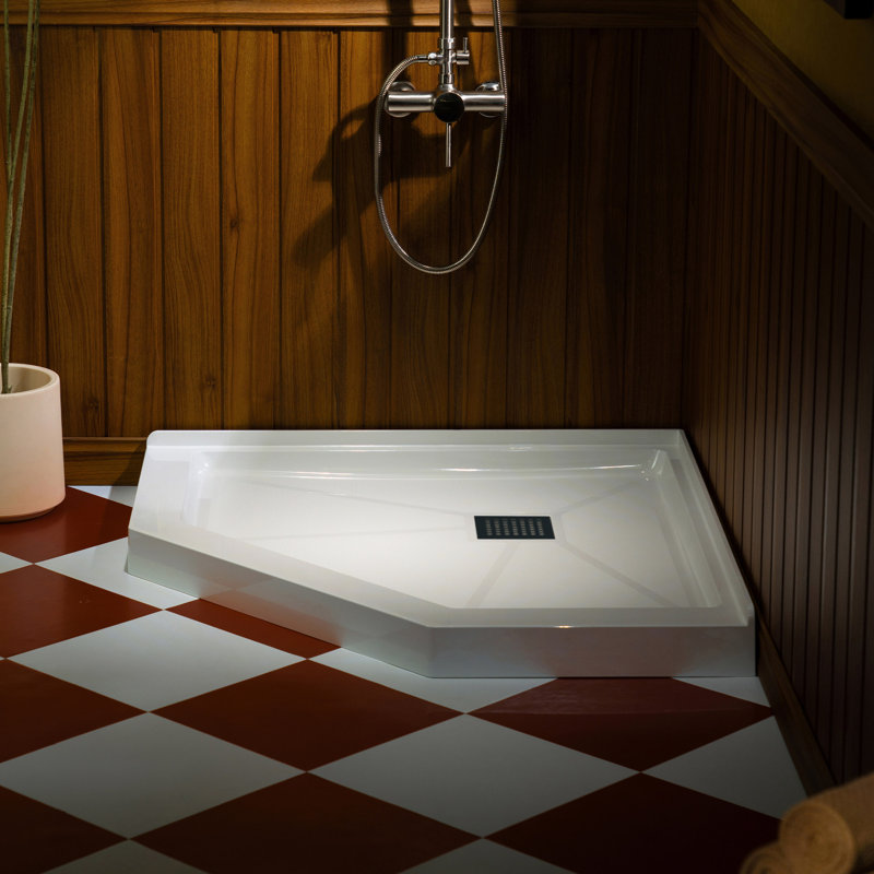 Pont en bois 38 po X 38 po Couvercle de drain de base de douche à surface solide Neo-Angle, Noir mat / blanc