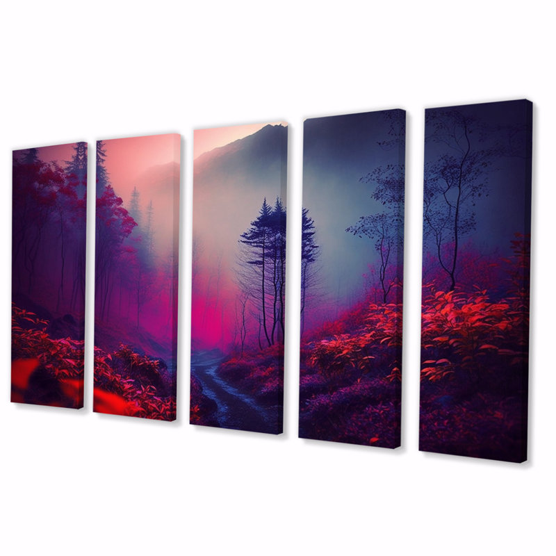 Coucher de soleil qui brille dans la brume, forêt d'automne, impression d'art mural forêt, 5 panneaux égaux