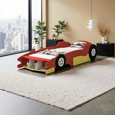 Racing-Themed Twin Size Platform Bed with Wheels - Fun & Functional Red Race Car Bed for Kids