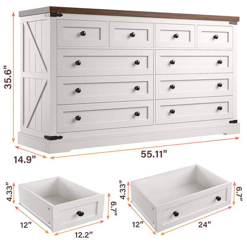 Commode double 10 tiroirs Farmhouse, Blanc / Brun