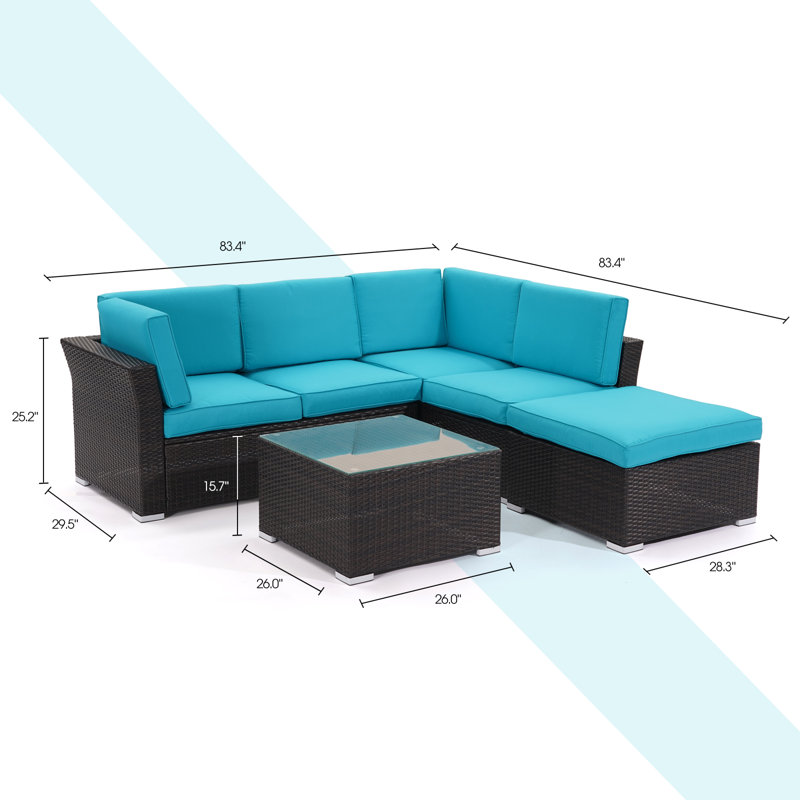 Ensemble de conversation modulaire en rotin avec coussins 4 pièces Elra, Bleu lac