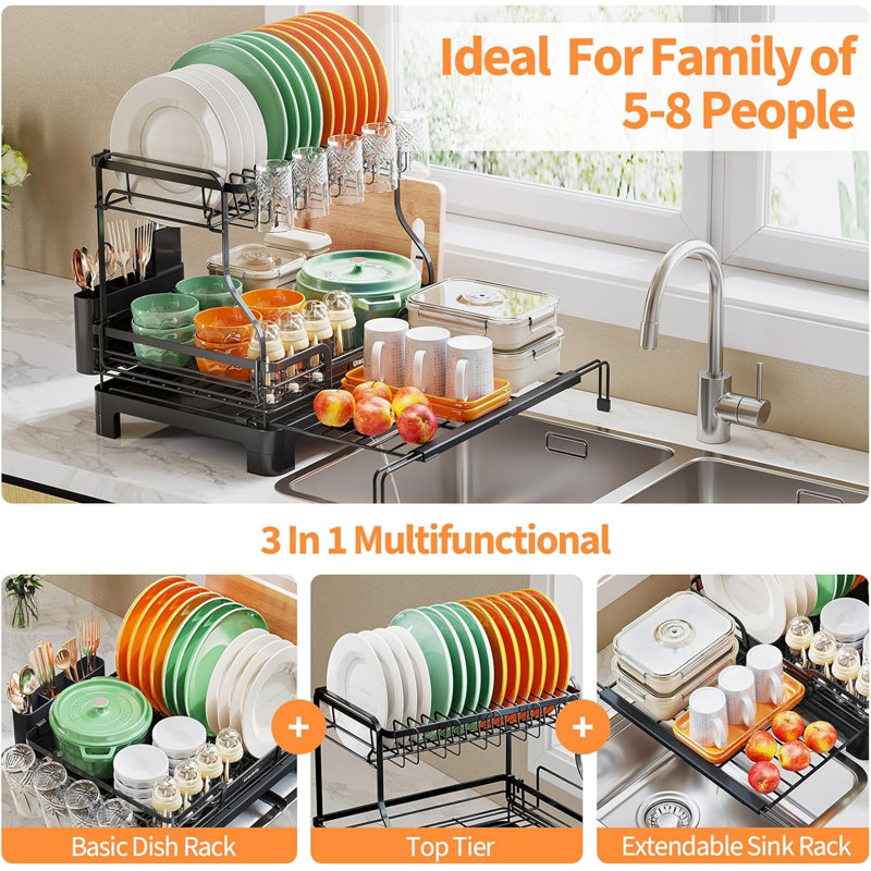 Séchoir à vaisselle extensible à 2 niveaux pour comptoir de cuisine et évier