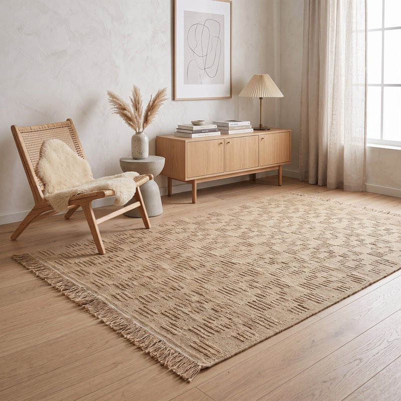 Tapis géométrique beige texturé à reliefs variés (2,6 pi x 4,9 pi)