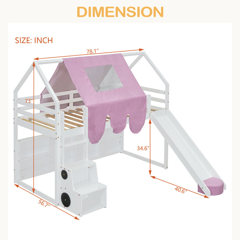 Cadre de lit mezzanine en bois avec tente, Lit simple, Blanc / Rose