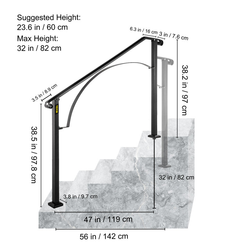 Rampe en fer noire pour garde-corps de jardin, H 39,3 po x l 57 po x P 4,3 po