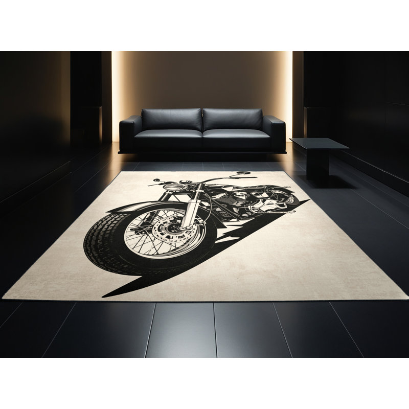 Machine Washable Vehicles And Transportation Vintage Cruiser Motorcycle Retro Geometric Rug in Beige – Black Binding, 3x5