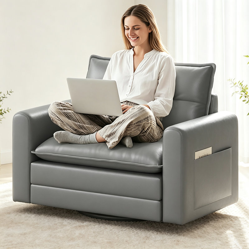 Fauteuil pivotant à 360° avec soutien lombaire, fauteuil pivotant avec assise profonde | Revêtement en similicuir souple, base pivotante en métal, gris, idéal pour la lecture et la détente, salon