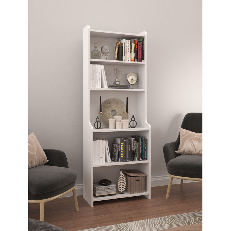 Modern White Bookshelf, 5-Tier Design, 23.6 x 70.9 x 11.8 inches | 100% Melamine Coated Particle Board, Thickness: 0.7 inches | Wall-Mountable, Sturdy & Stylish Storage Solution for Home or Office
