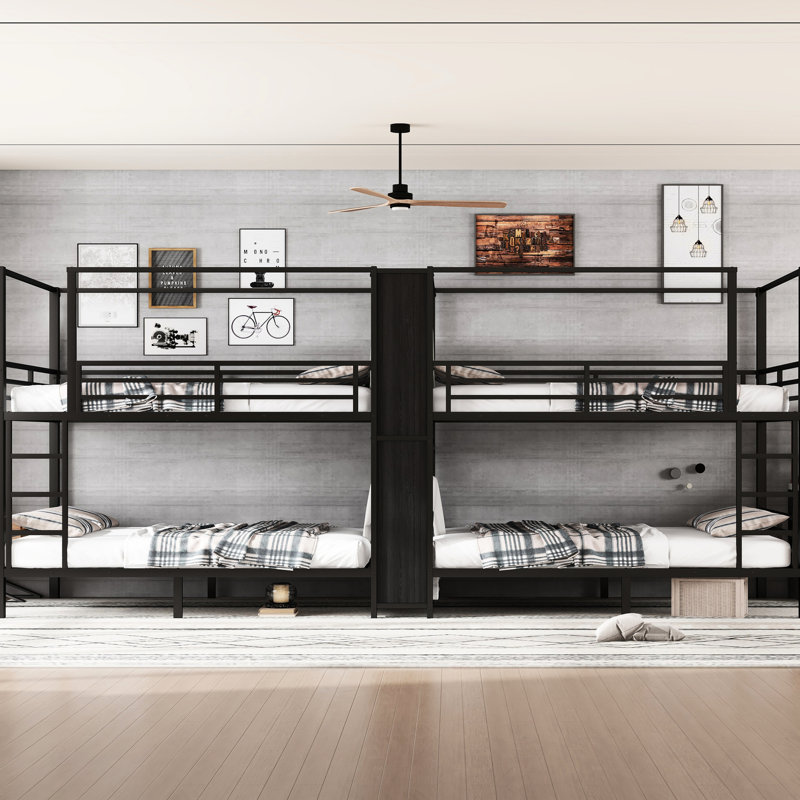 Lit superposé quadruple en métal noir pleine grandeur avec rangement et garde-robe, construction, sommeil silencieux, installation facile, espace peu encombrant, noir, avec structure encastrée, sans grincement, trop haut