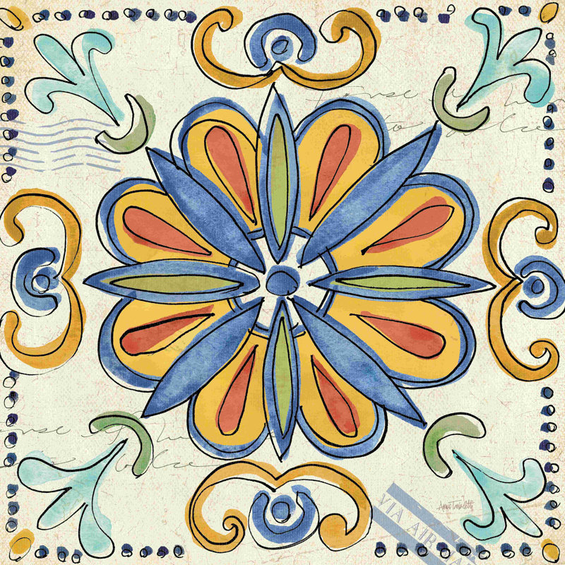 «Tuscan Sun Tiles IV Talavera» par Anne Tavoletti, peinture sur toile tendue, H 36 po x l 36 po, Beige