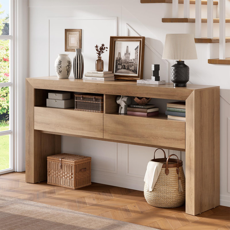Console Farmhouse 63 po avec 2 tiroirs et tablettes ouvertes - Table d'entrée ou canapé étroite - Mobilier de salon en bois massif - Rangement rustique - Chêne clair