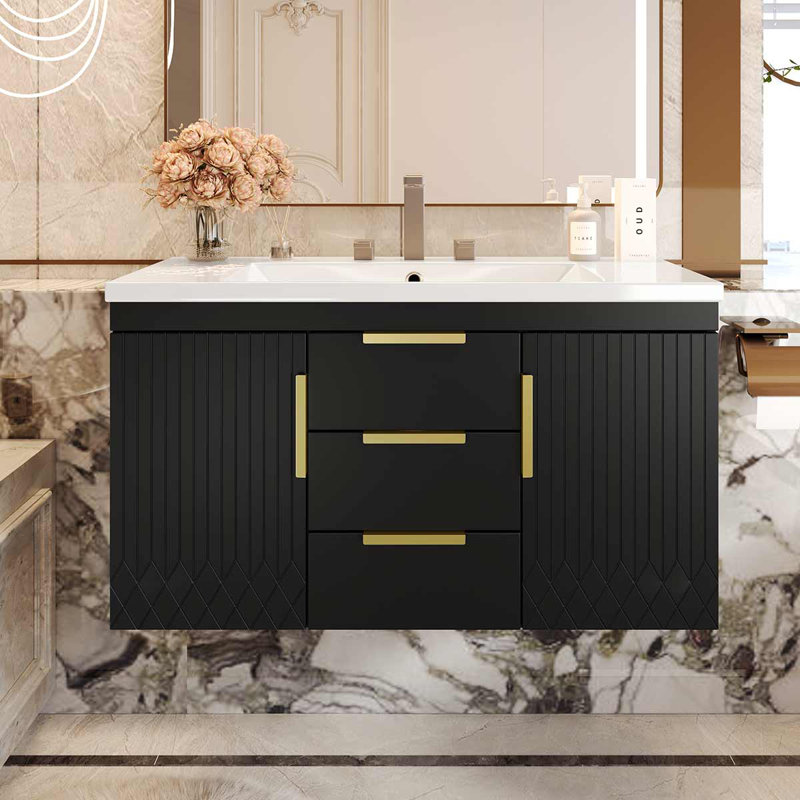 Meuble-lavabo mural 36 po avec lavabo en résine, armoire de rangement avec 2 tiroirs, Noir