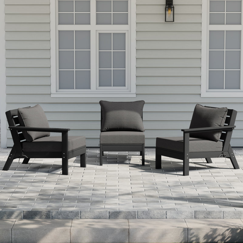 Ensemble de conversation à assise profonde 3 pièces avec coussins, Noir, noir, noir, noir, Gray