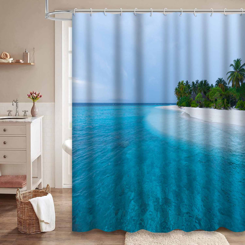 Paysage, plage tropicale, palmiers, Asie, bleu vif avec 12 crochets, 72" L x 84" W
