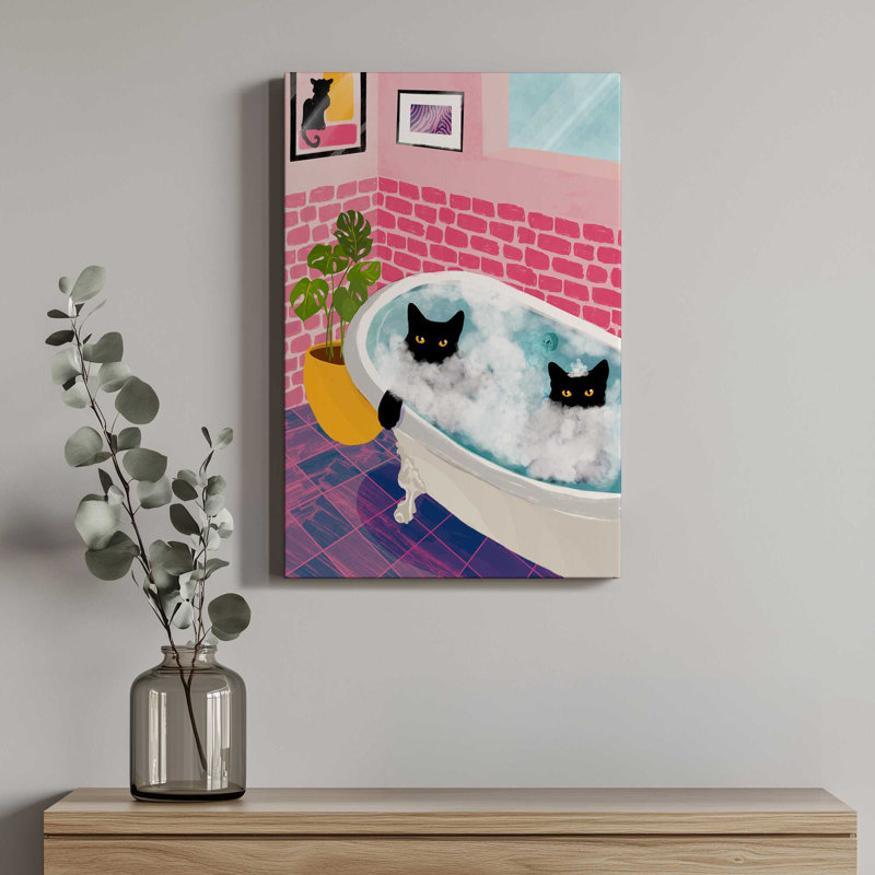 «Kitty Cat Bath II» par BigBadMullet, reproduction d'art sur toile, H 16 po x l 12 po