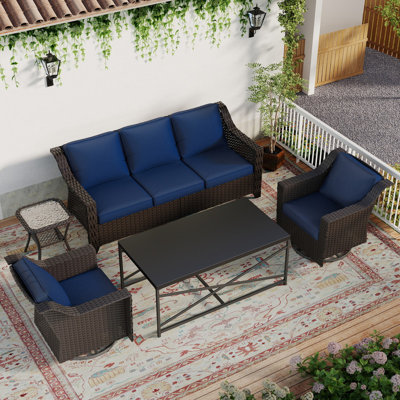 5-Piece Outdoor Rattan Wicker Conversation Set, Patio Furniture with 3-Seater Sofa, 3 Armchairs, Coffee Table & Side Table, Weather-Resistant for Backyard, Porch & Poolside