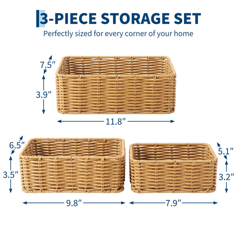 Ensemble de 3 paniers de rangement gigognes tissés à la main, bacs en osier rectangulaires pour l'organisation de garde-manger, de tablettes, de placards