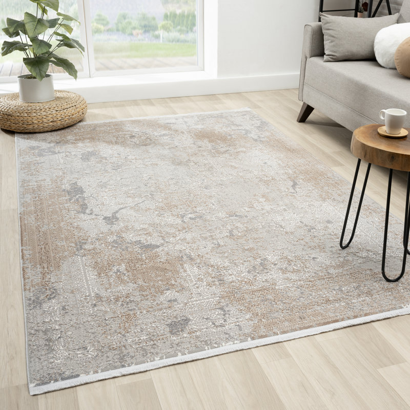 Tapis marocain beige à franges abstraites, Rectangle 5 pi x 7 pi