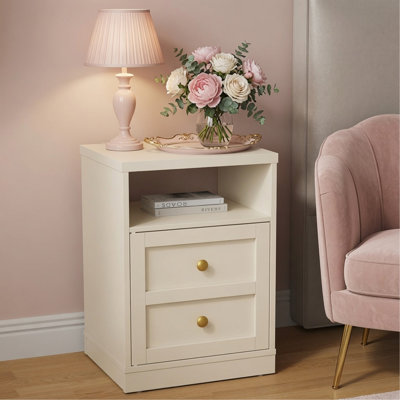 Table de chevet moderne à 2 tiroirs en bois blanc avec porte et tablette de 15,7 po de largeur