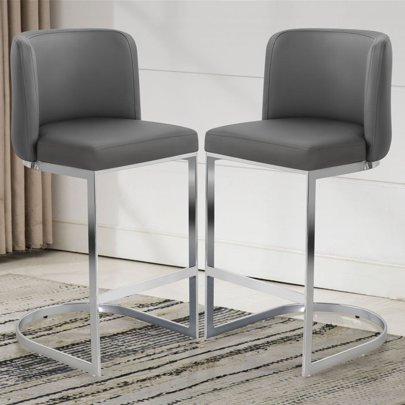 26'' Modern Upholstered Low Back Counter & Bar Stool With Metal Sled Frame , Faux Leather-Gray, 2