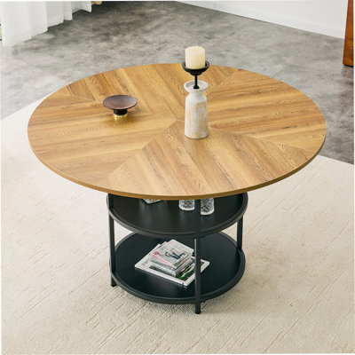 Table de salle à manger circulaire de 47,3 pouces de diamètre avec épissure moderne - rangement à double couche, conception en bois et en diagonale noire en forme d'éventail, interprétant l'esthétique et la fonctionnalité de la maison.
