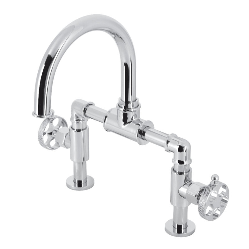 Kingston Brass Webb Two-Handle 2-Hole Deck Mount Bridge Bathroom Faucet with Knurled Handle and Push Pop-Up Drain