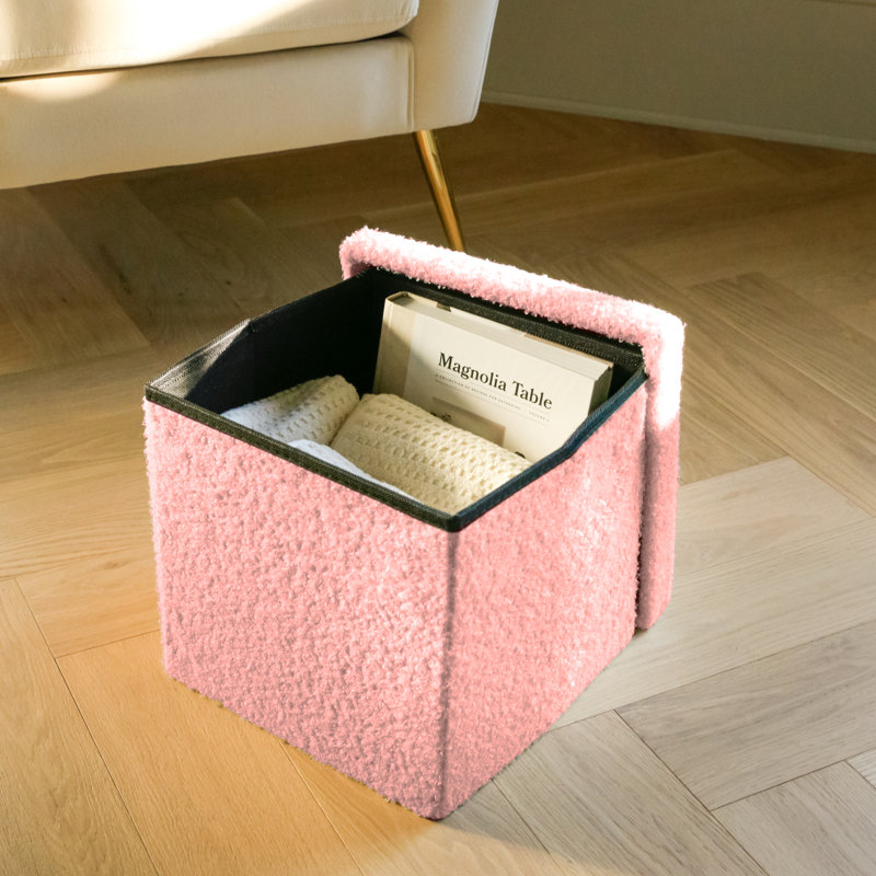 Go-Poufs Knock-Down Small Cube Teddy Boucle Storage Ottoman | 12"x12"x12" |, Pink Cotton Blend