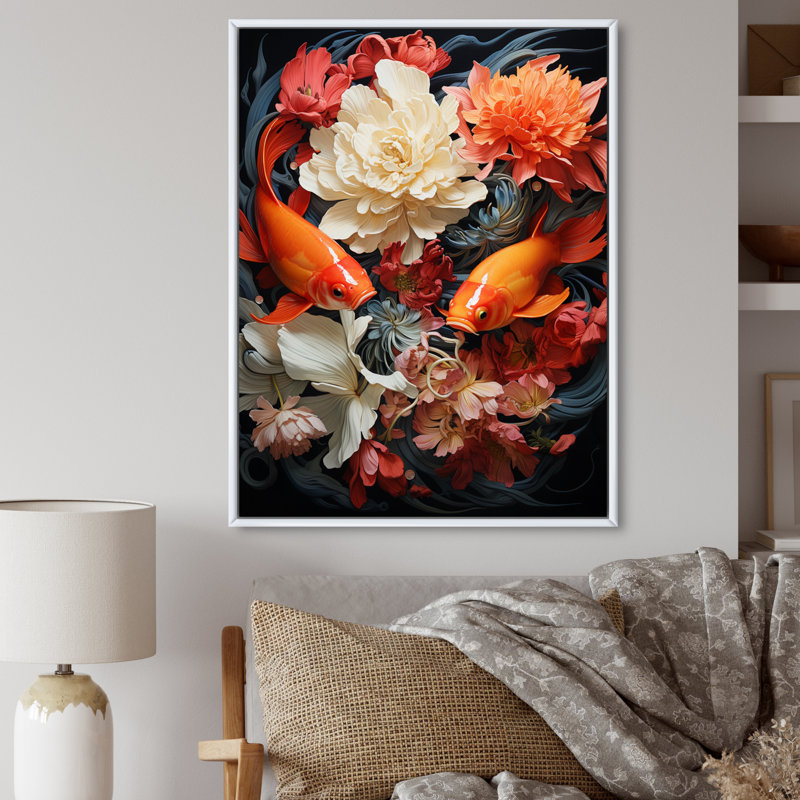 «Millary Asian Art Infinite Koi II», reproduction sur toile, Cadre flottant blanc, H 44 po x l 34 po x P 1,5 po