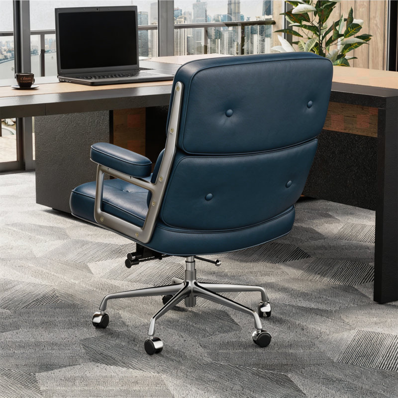 Chaise de bureau pivotante en cuir véritable avec base en aluminium, Bleu