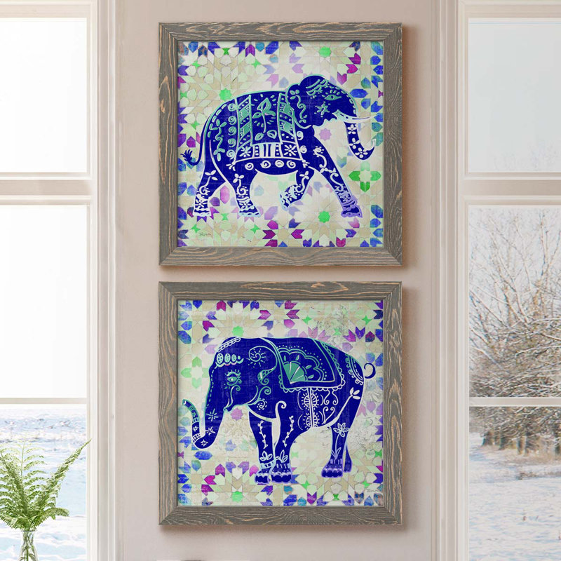 «Painted Elephant I», ensemble de 2 peintures sur toile encadrées, H 17 po x l 34 po x P 1,5 po, Encadré gris