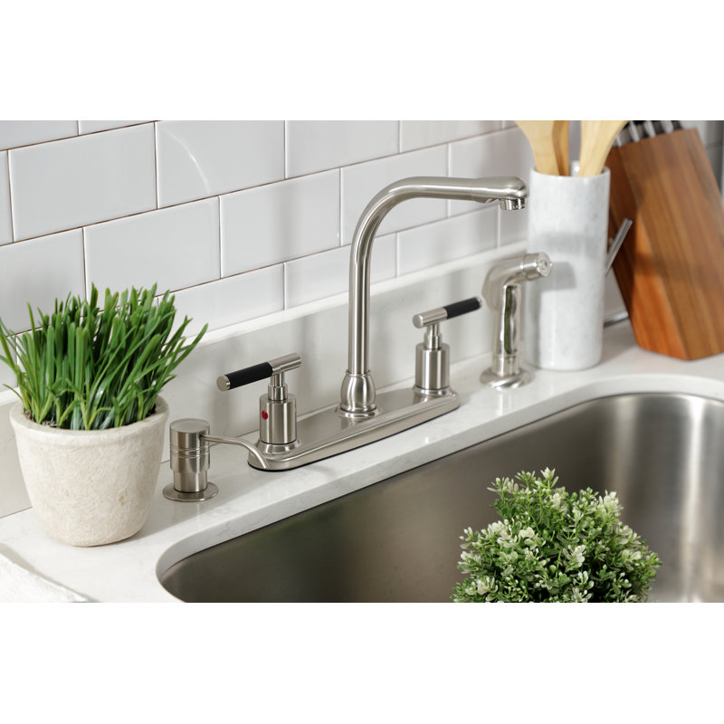 Kingston Brass Kaiser Two-Handle 4-Hole 8" Centerset Kitchen Faucet with Side Sprayer, Brushed Nickel
