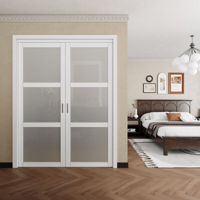 3  Lite Forested Glass White French-Pivot Pantry Closet Door With Hardware (Include Handles)