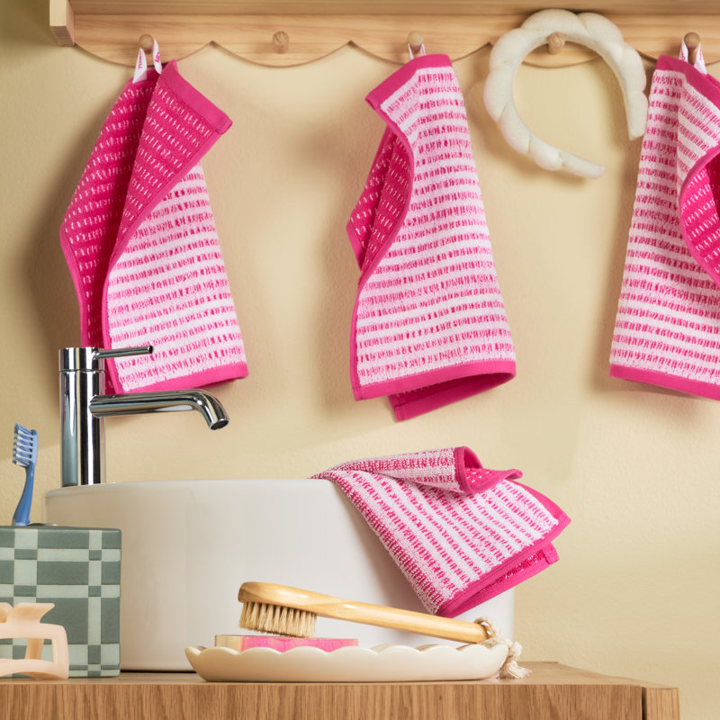 TOWN & COUNTRY PLAY 4-Piece Striped Reversible Terry Brights Washcloth Set, 13x13-Inch, 100% BCI Cotton, Pink