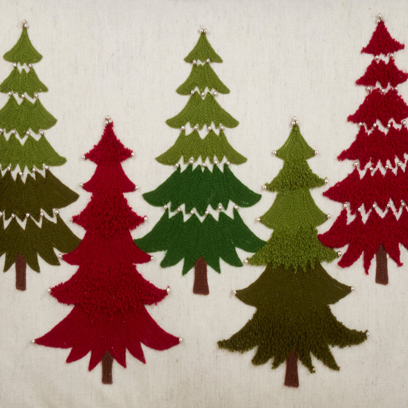 Multicolor Embroidered Christmas Trees Cotton Lumbar Pillow Cover