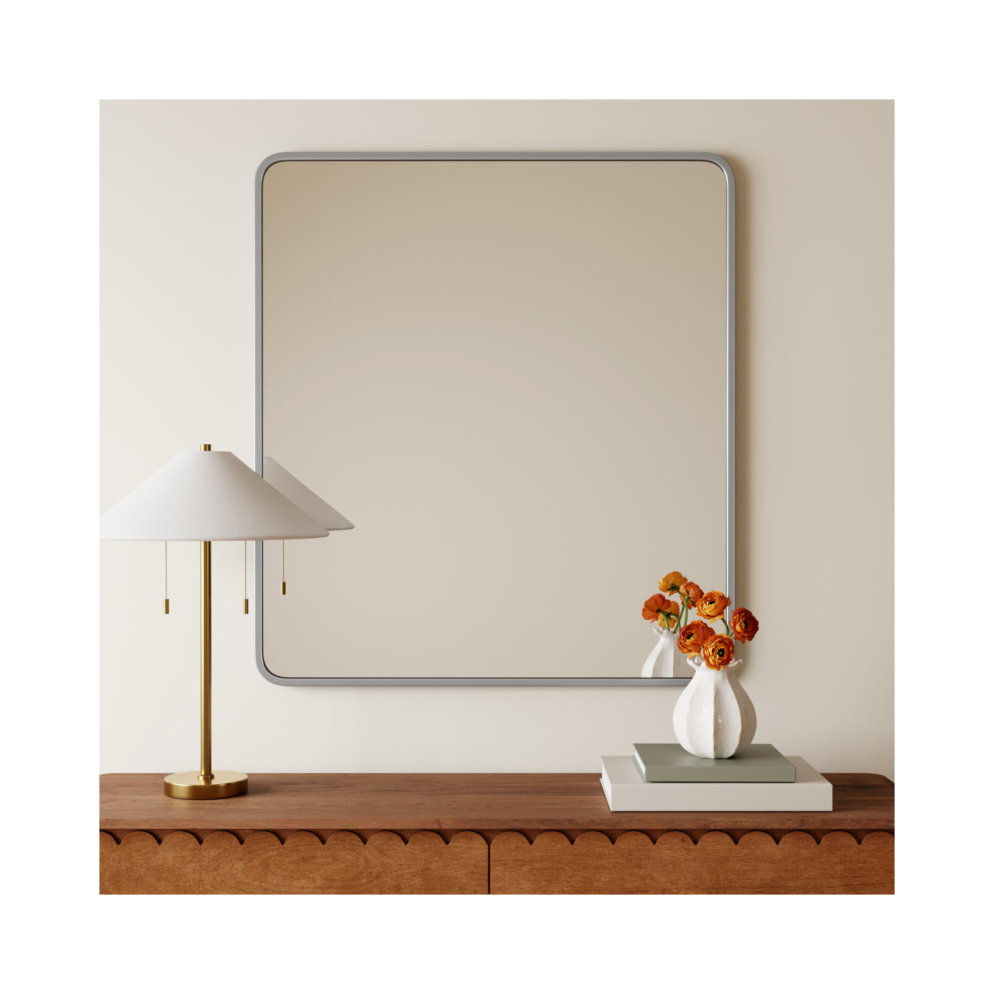 Sabine Metal Rounded Rectangle Wall Mirror, Silver, 40'' H x 36'' W