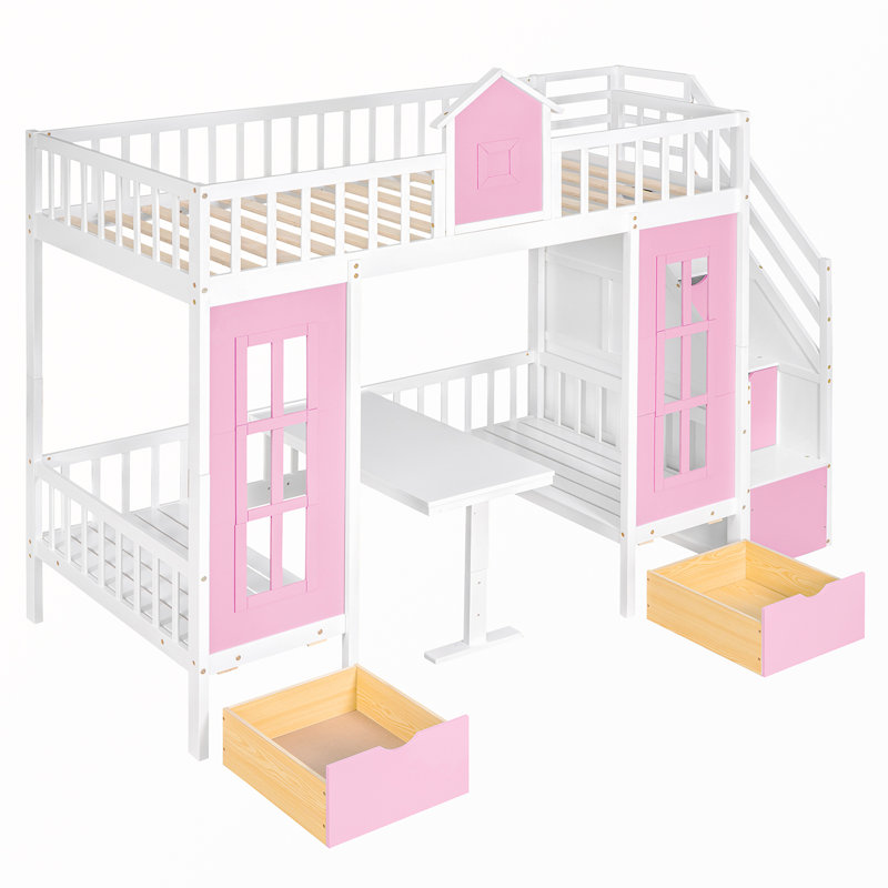 Geraine Bunk Bed with Changeable Table, Bunk Bed Turn into Upper Bed and Down Desk, Pink, Twin Over Twin