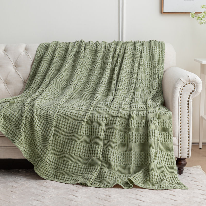 Jeté de lit en coton et viscose tissés gaufrés, Grand lit, Sauge