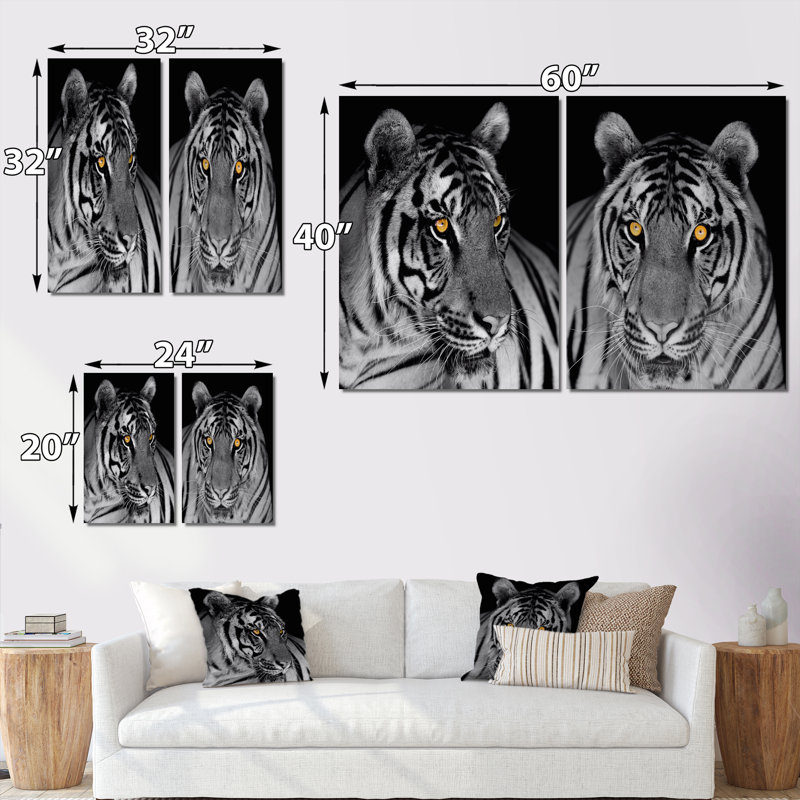 Portrait monochrome d'un tigre blanc I - ensemble d'art traditionnel de 2 pièces, H 40 po x l 60 po x P 1,5 po
