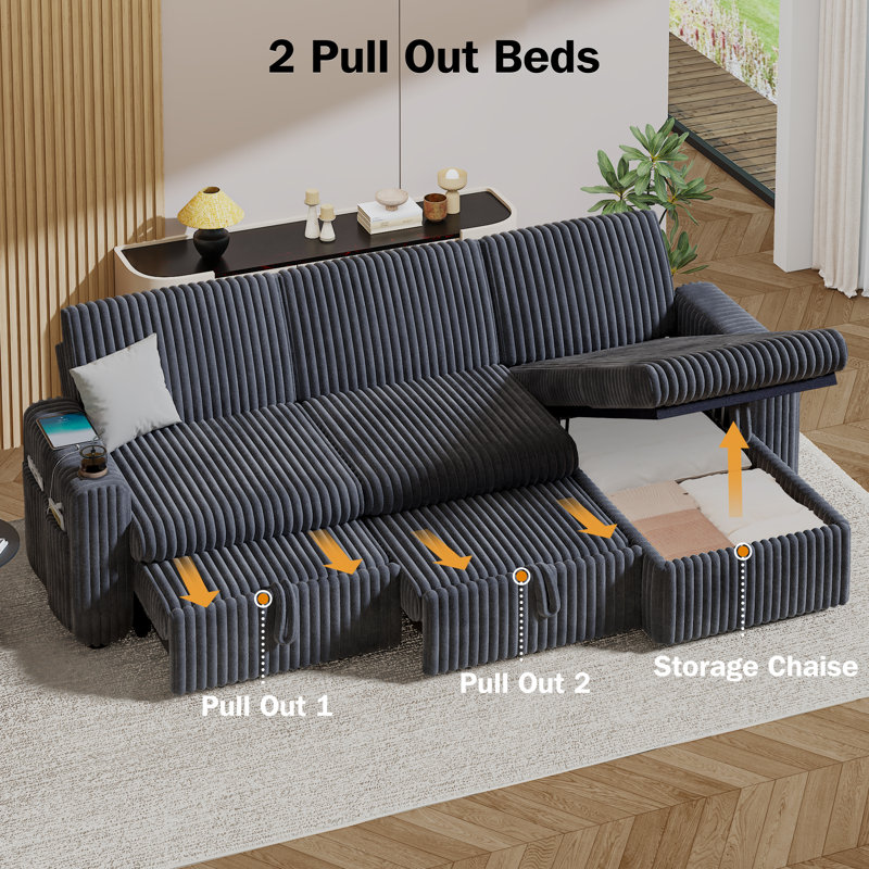 101” L Shaped Couch Sleeper Sofa Bed,Sectional Sofa With Cup Holders,Reversible Storage Chaise And Usb Ports, Tool Free Assembly