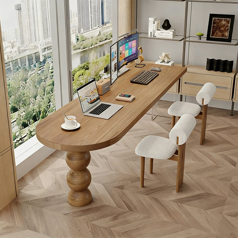 Bureau demi-cercle brun en bois massif acrylique, 29.53"H×55.12"L×23.62"W