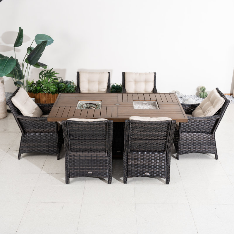 Ensemble repas pour 6 personnes en osier avec table rectangulaire, coussins inclus