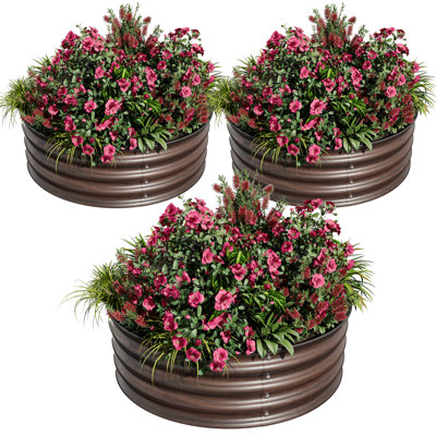 3 Pcs 2x2x1 FT Round Galvanized Steel Raised Garden Bed, Rust Resistant Planting Box with Safe Rubber Edges, Easy Assembly Outdoor Planter for Vegetables Flowers Fruits,Natural Wood Colour