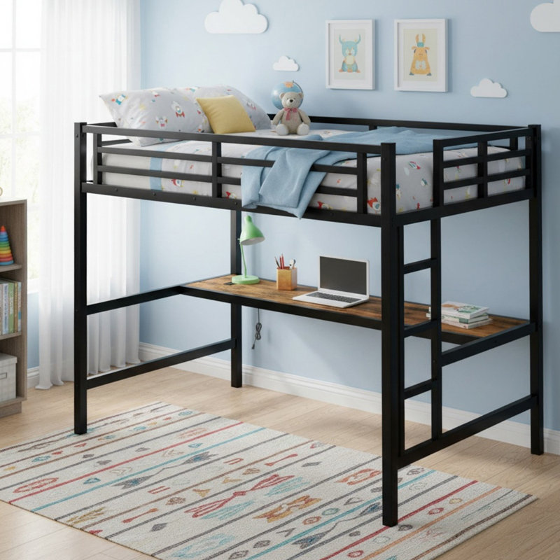 Metal Full Size Loft Bed with Power Outlet and LED Lighted for Bedroom, Full